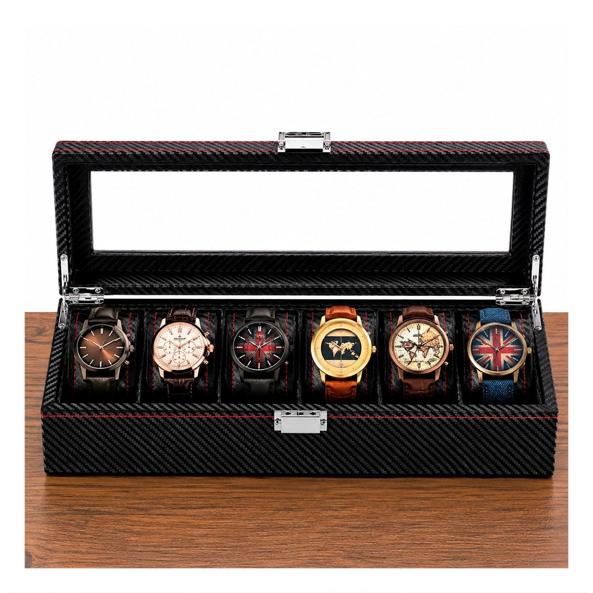 ORGANIZADOR EJECUTIVO PARA 6 RELOJES NEGRO CON COSTURA ROJA - 1