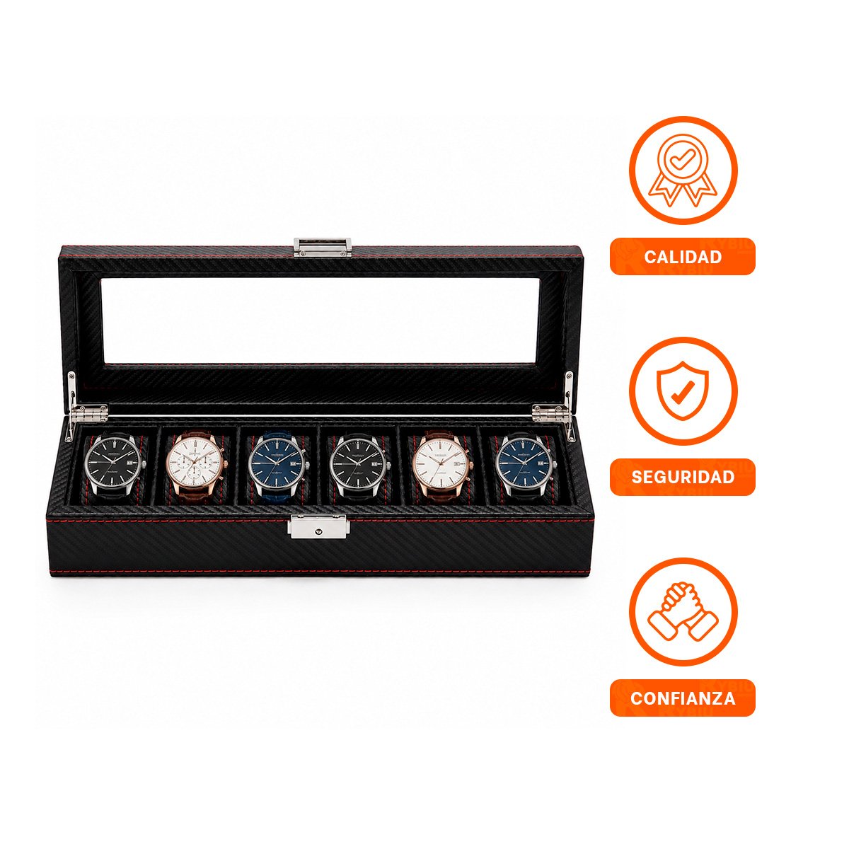 ORGANIZADOR EJECUTIVO PARA 6 RELOJES NEGRO CON COSTURA ROJA - 3