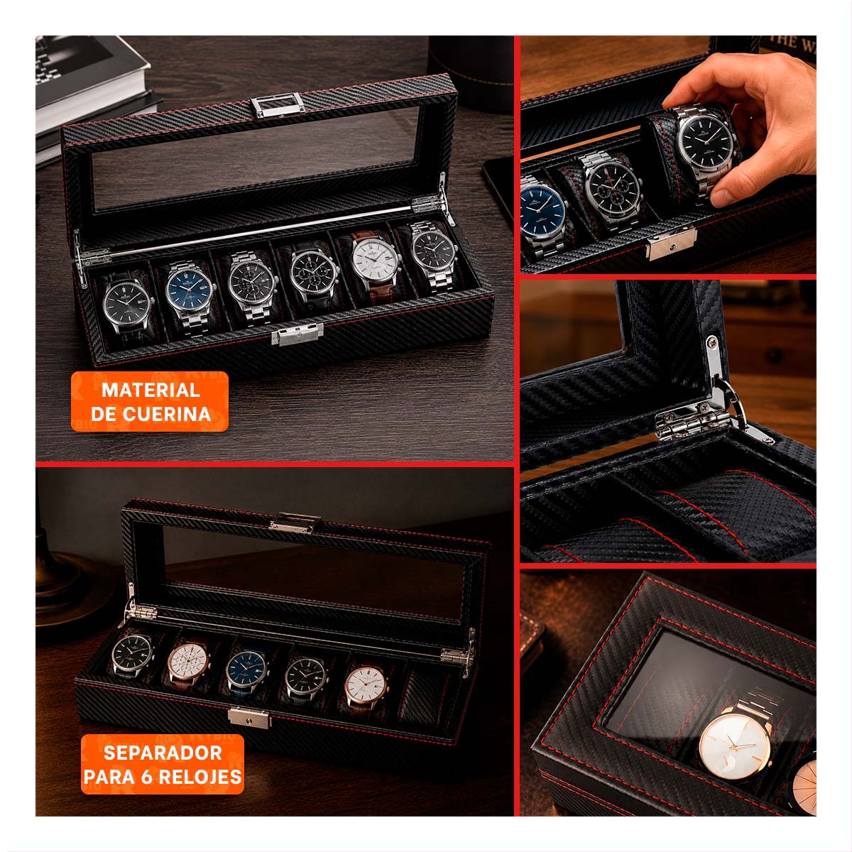 ORGANIZADOR EJECUTIVO PARA 6 RELOJES NEGRO CON COSTURA ROJA - 5