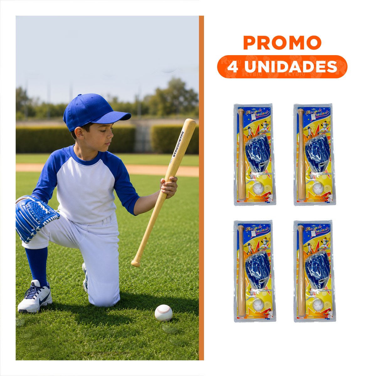 PACK4 PACK DE BEISBOL CON EQUIPO COLOR AZUL PARA JUEGOS RECREATIVOS YREGALO STICKER - 1