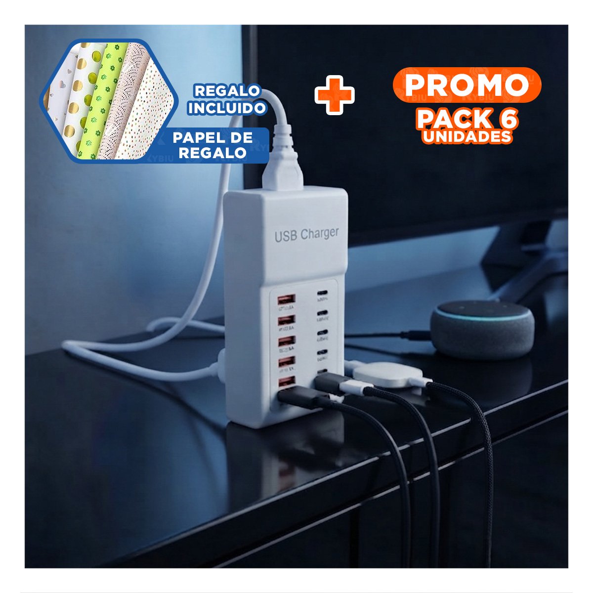 PACK6 HUB PROFESIONAL USB-C Y USB-A BLANCO PARA ORGANIZAR ACCESORIOS ELECTRONICOS YPAPEL REGALO - 1