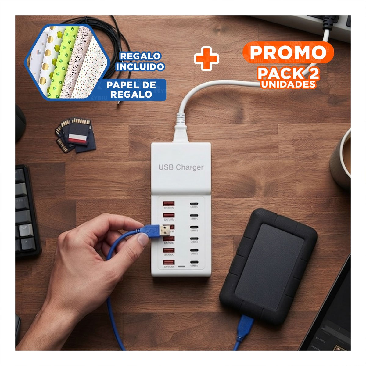 PACK2 HUB COMPACTO BLANCO USB-C Y USB-A PARA CONEXION Y CARGA DE EQUIPOS YPAPEL REGALO - 1