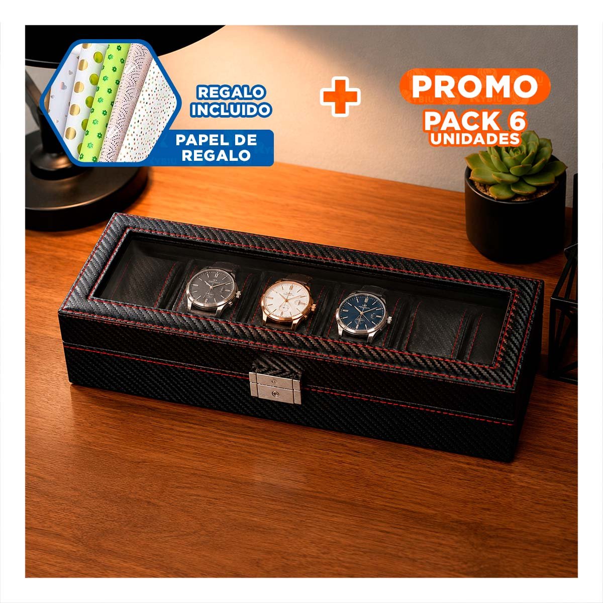PACK6 ORGANIZADOR PORTA RELOJES NEGRO CON SEIS ESPACIOS ACOLCHADOS YPAPEL REGALO - 1