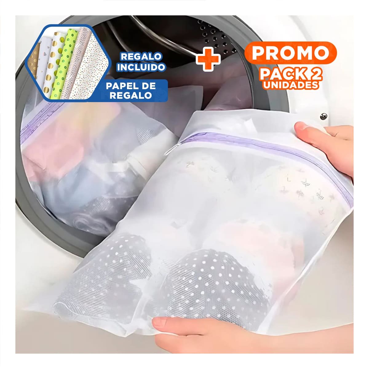 PACK2 CONTENEDOR MULTIUSO 3 BOLSAS DE MALLA PARA LAVAR ROPA RECTANGULAR BLANCO YPAPEL REGALO - 1