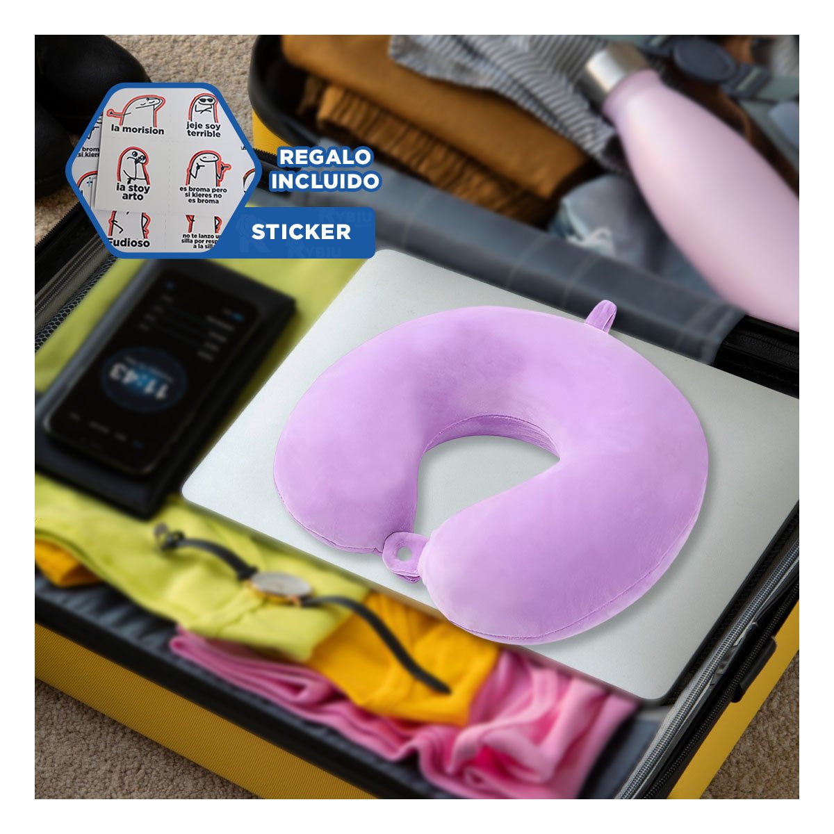 COJIN DE VIAJE PARA CUELLO EN TERCIOPELO CON TONALIDAD LILA YREGALO STICKER - 1