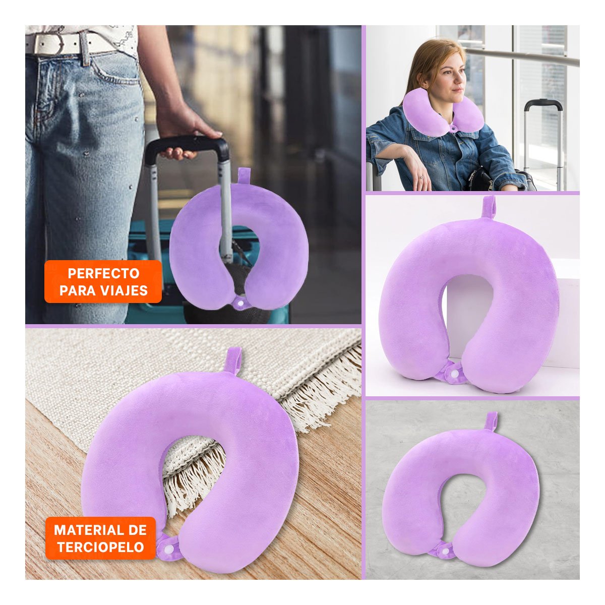 COJIN DE CUELLO PARA VIAJAR EN TERCIOPELO SUAVE CON COLOR LILA CONFORTABLE - 5