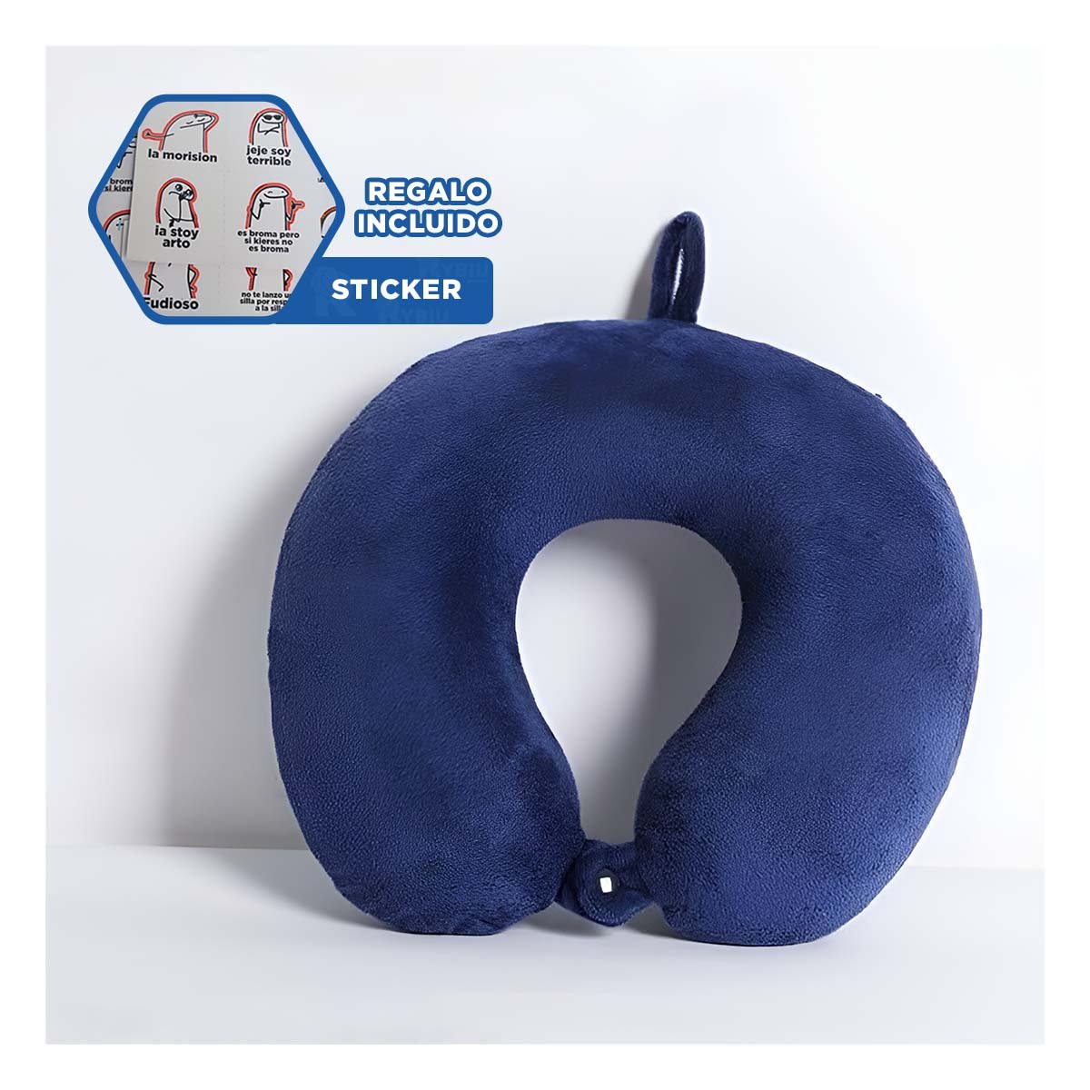 COJIN DE VIAJE PARA CUELLO EN TERCIOPELO CON TONALIDAD AZUL MARINO YREGALO STICKER - 1