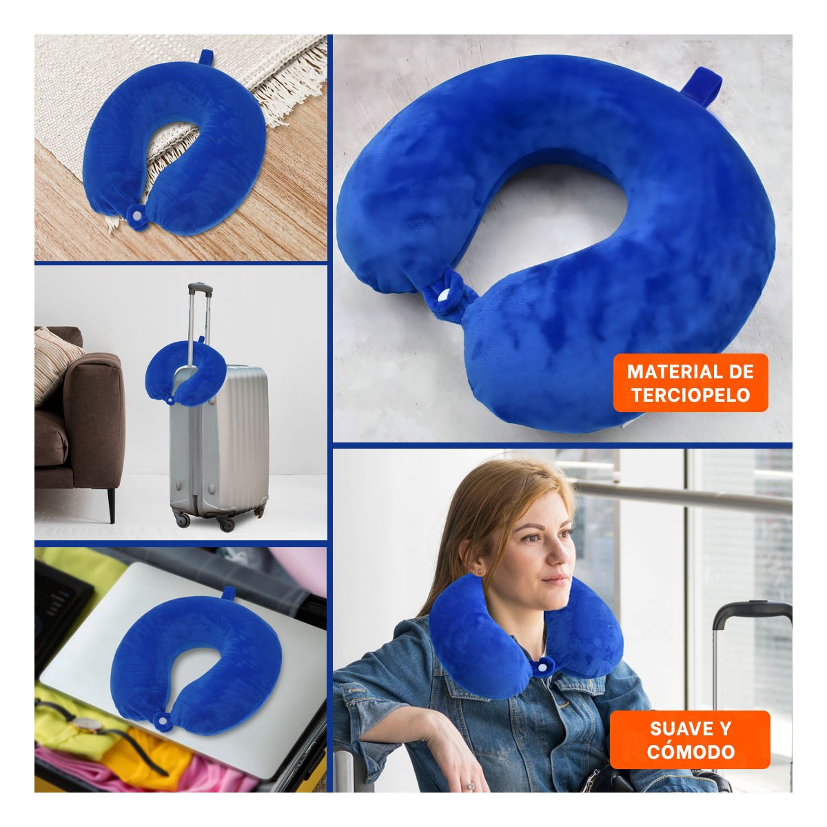 PACK2 ALMOHADA AZUL DE TERCIOPELO PARA VIAJAR CON APOYO CONTINUO DE CUELLO YPAPEL REGALO - 3