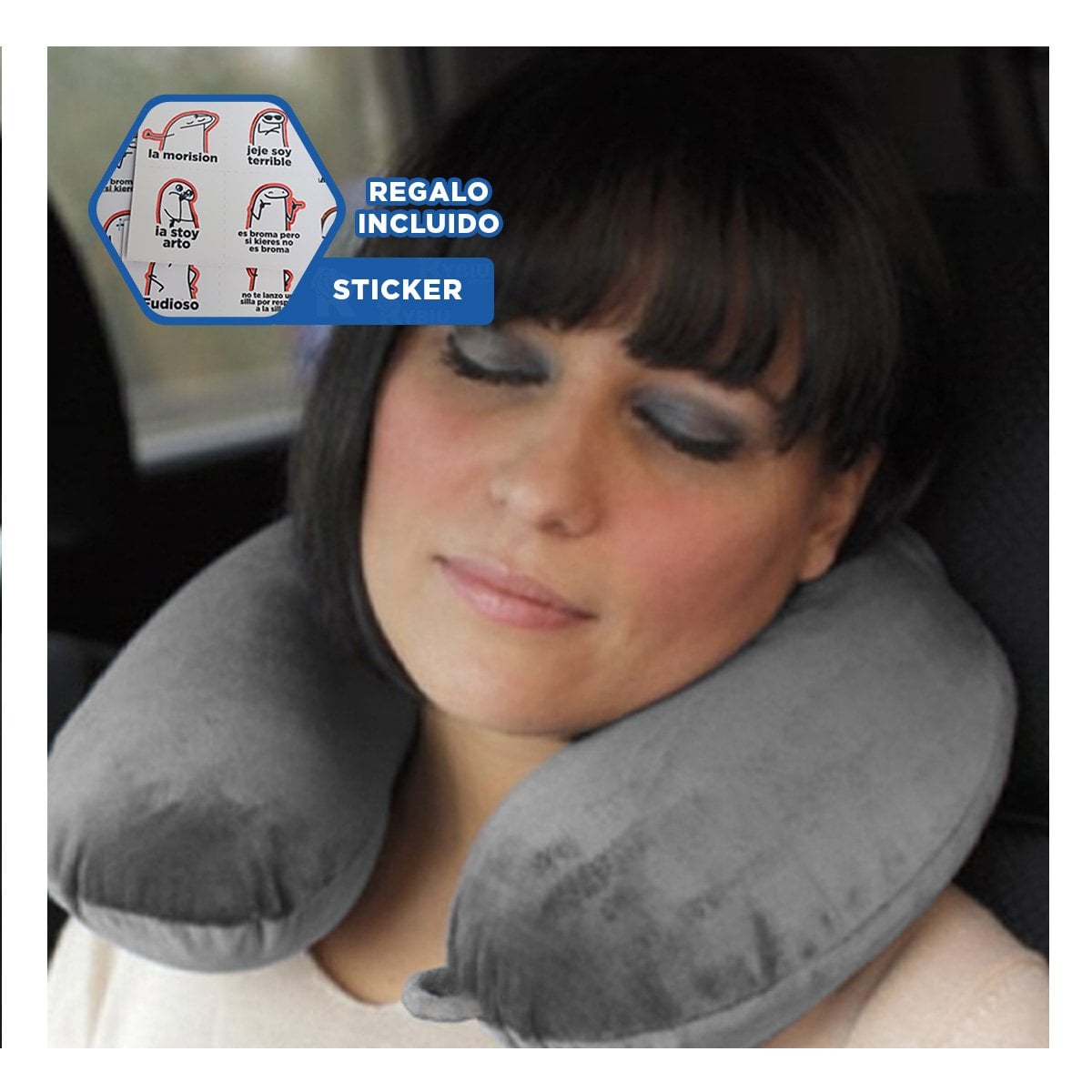 ALMOHADA DE VIAJE PARA CUELLO EN TERCIOPELO CON TONALIDAD PLOMO SUAVE YREGALO STICKER - 1