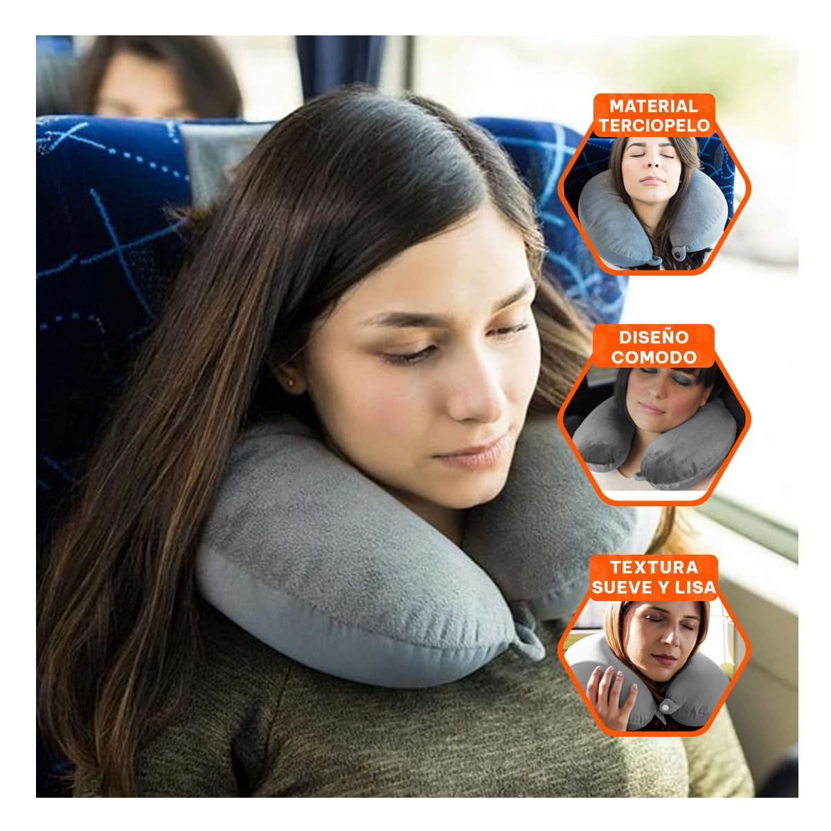 ALMOHADA DE VIAJE PARA CUELLO EN TERCIOPELO CON TONALIDAD PLOMO SUAVE YREGALO STICKER - 5