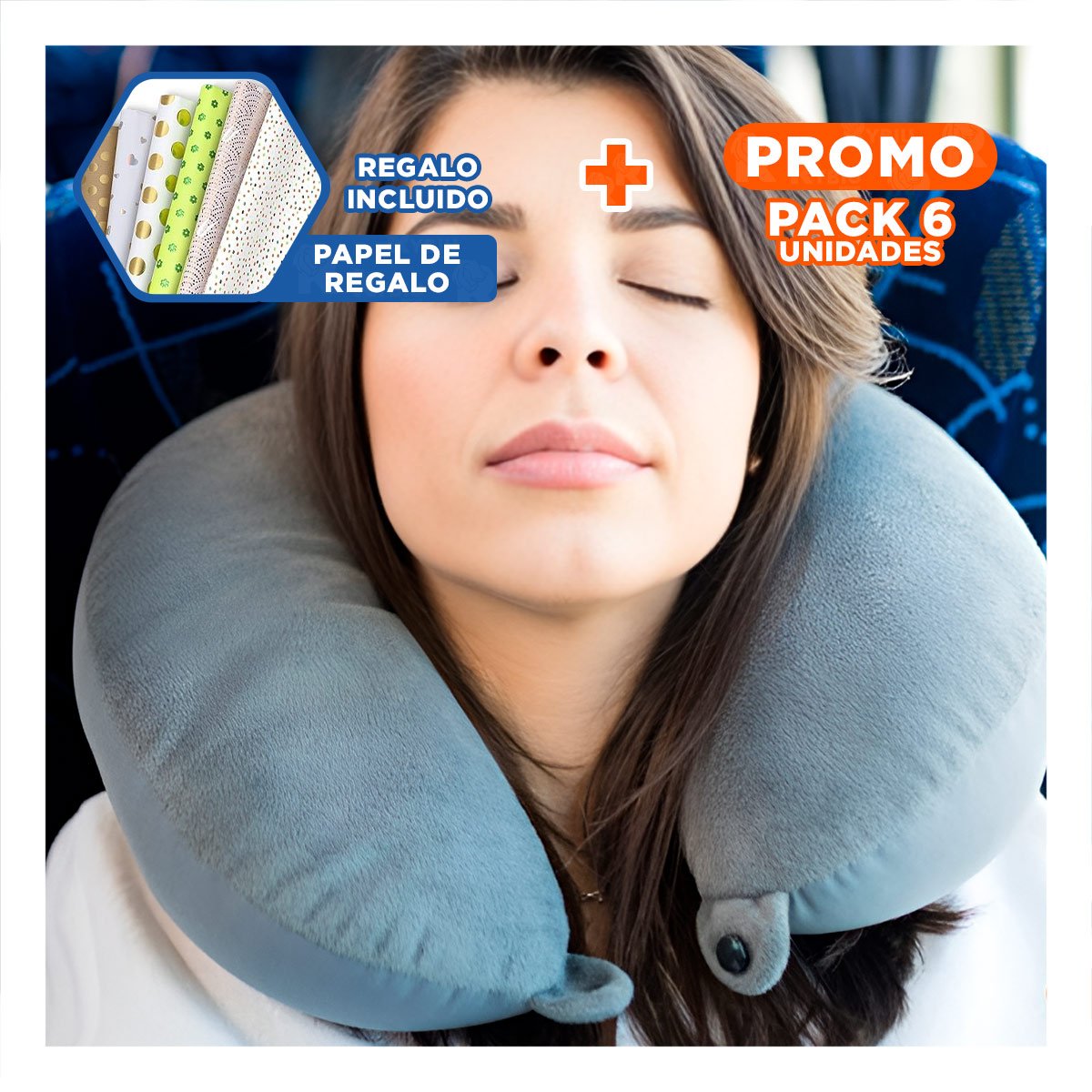 PACK6 COJIN TERCIOPELO DE CUELLO PARA VIAJAR CON COLOR PLOMO YPAPEL REGALO - 1