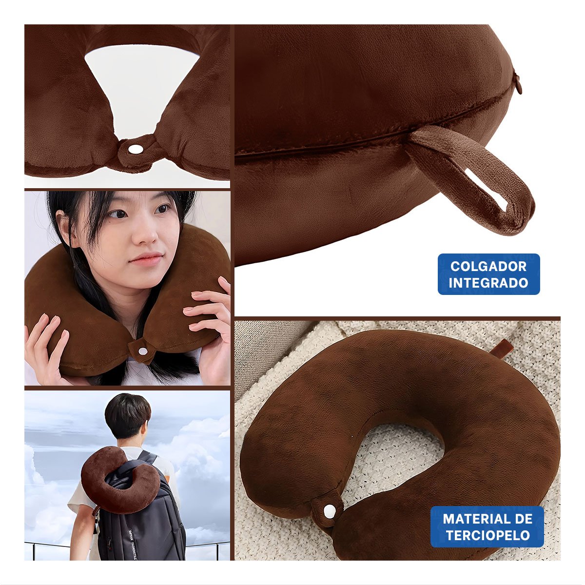 COJIN DE CUELLO TERCIOPELO MARRON PARA VIAJAR CON SOPORTE AGRADABLE YLIGAS REGALO - 5