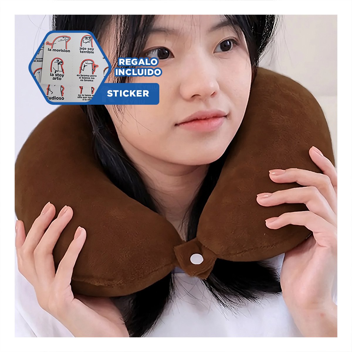 COJIN DE VIAJE PARA CUELLO EN TERCIOPELO CON TONALIDAD MARRON YREGALO STICKER - 1