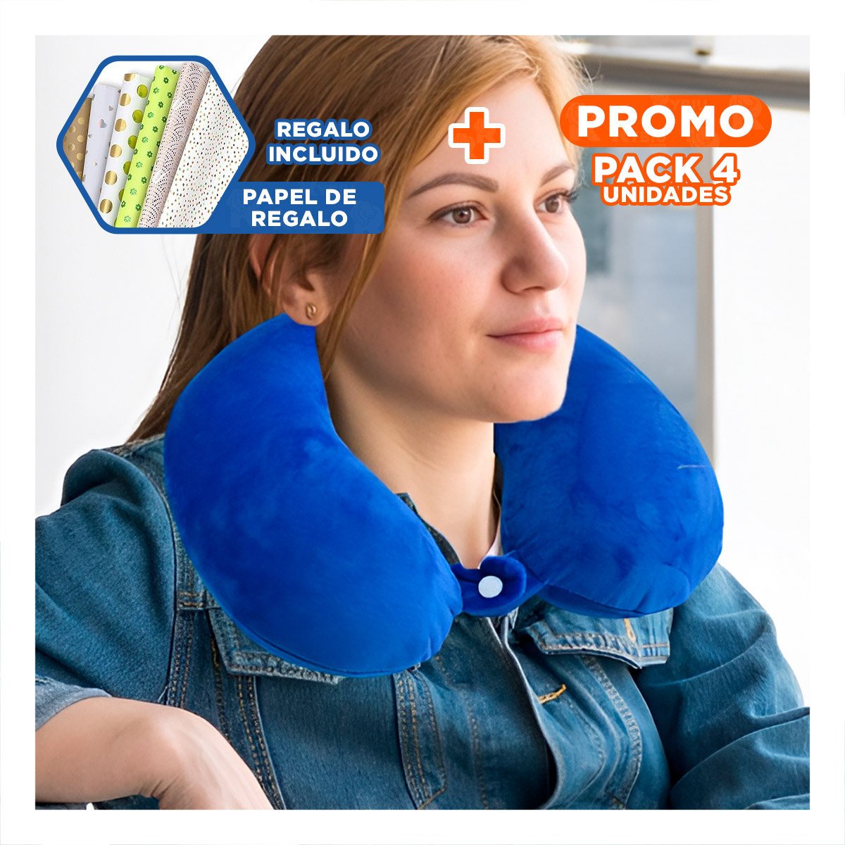 PACK4 ALMOHADA DE VIAJE PARA CUELLO EN TERCIOPELO AZUL CON USO COMODO YPAPEL REGALO - 1