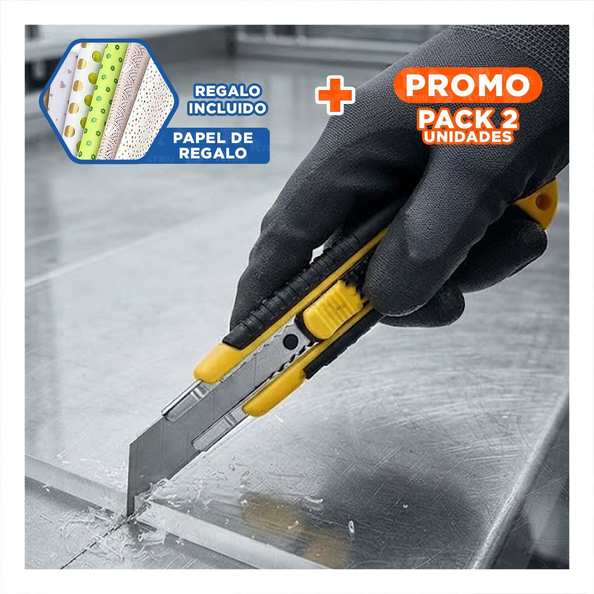 PACK2 TRINCHETA PROFESIONAL 18 MM RETRACTIL CON ESTUCHE DE CUCHILLA AMARILLO YPAPEL REGALO - 1