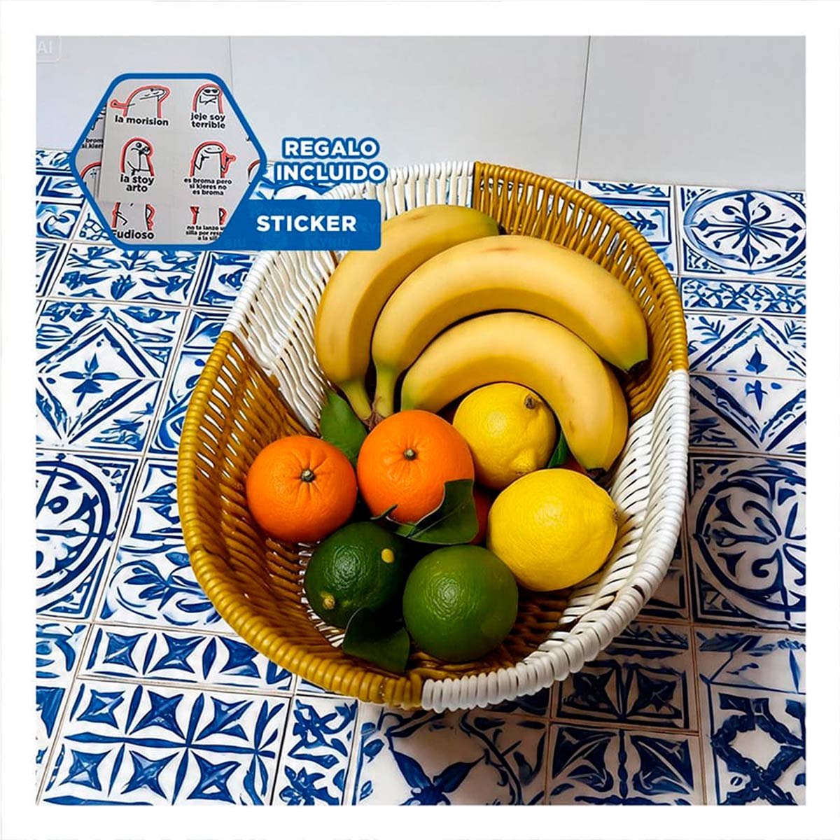 CANASTILLA DECORATIVA OVALADA COLOR MOSTAZA Y BLANCO TEJIDOS 27X21X7CM YREGALO STICKER - 1