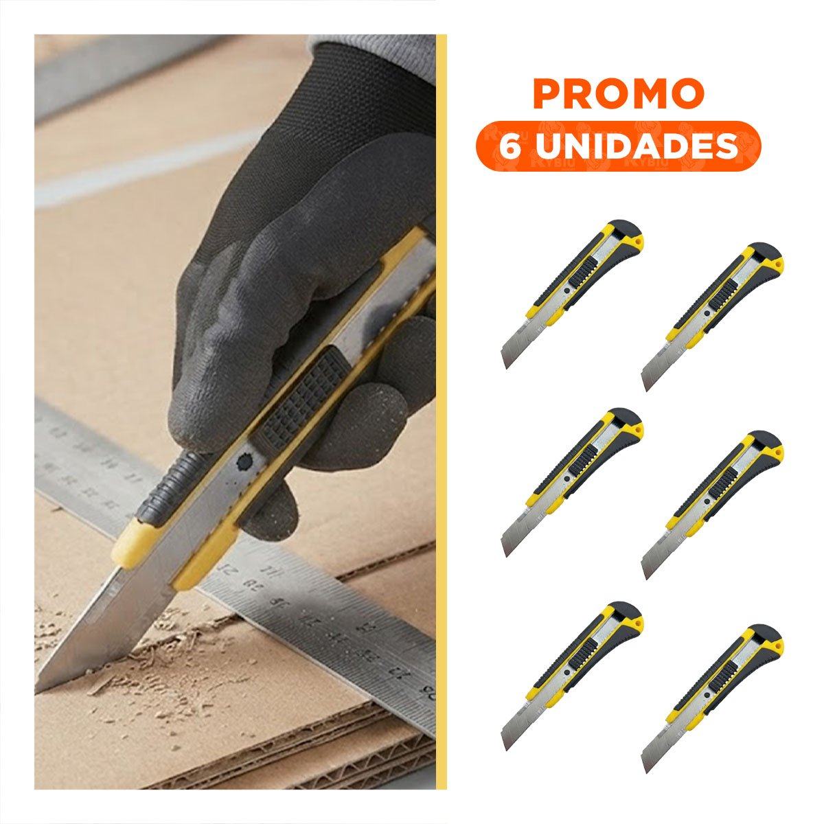 PACK6 CUTTER PORTATIL 18 MM CON ESTUCHE DE CUCHILLA AMARILLO PARA LLEVAR FACILMENTE - 1