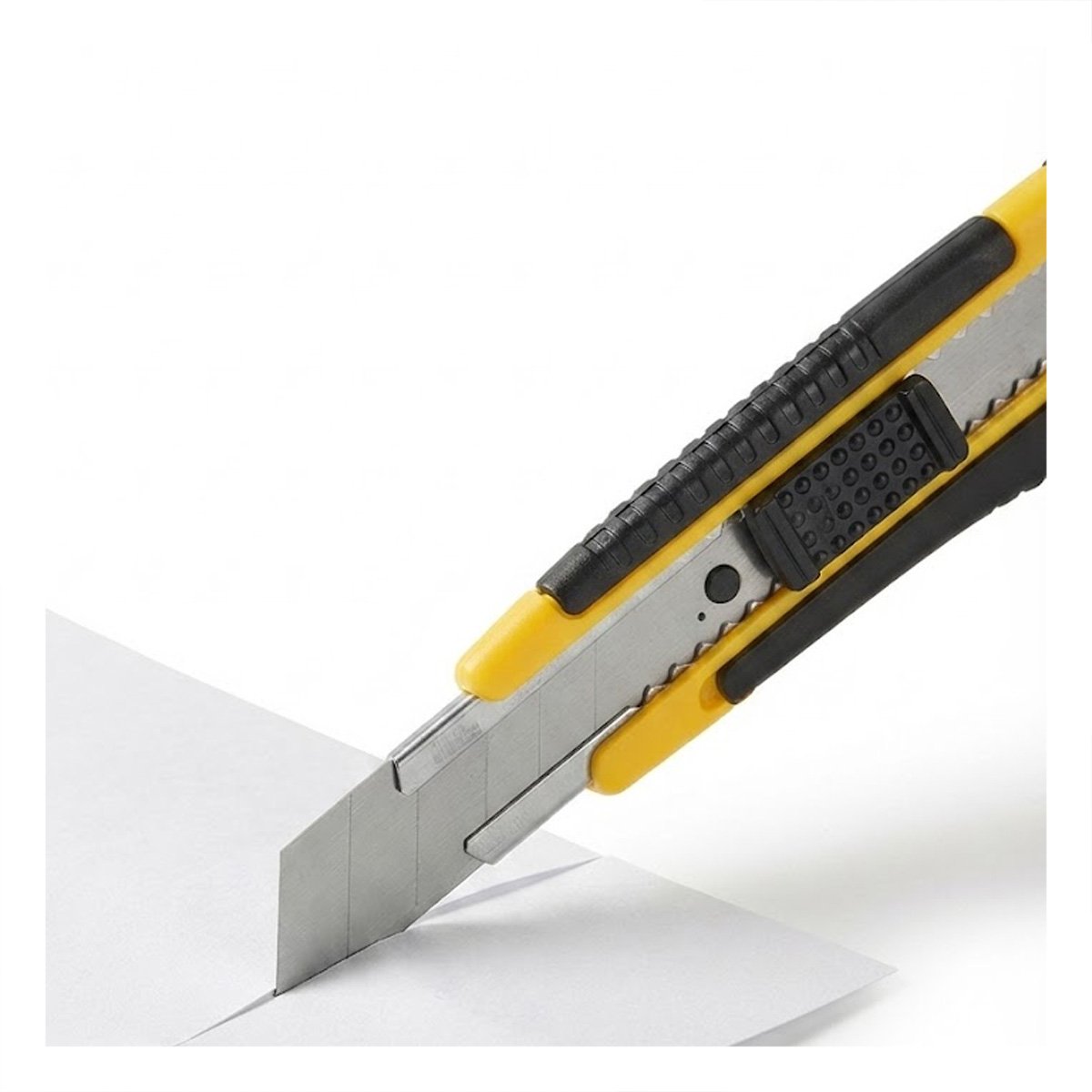 TRINCHETA RETRACTIL CON CUCHILLA 18 MM Y ESTUCHE AMARILLO PARA USO PROFESIONAL Y REGALO STICKER - 3