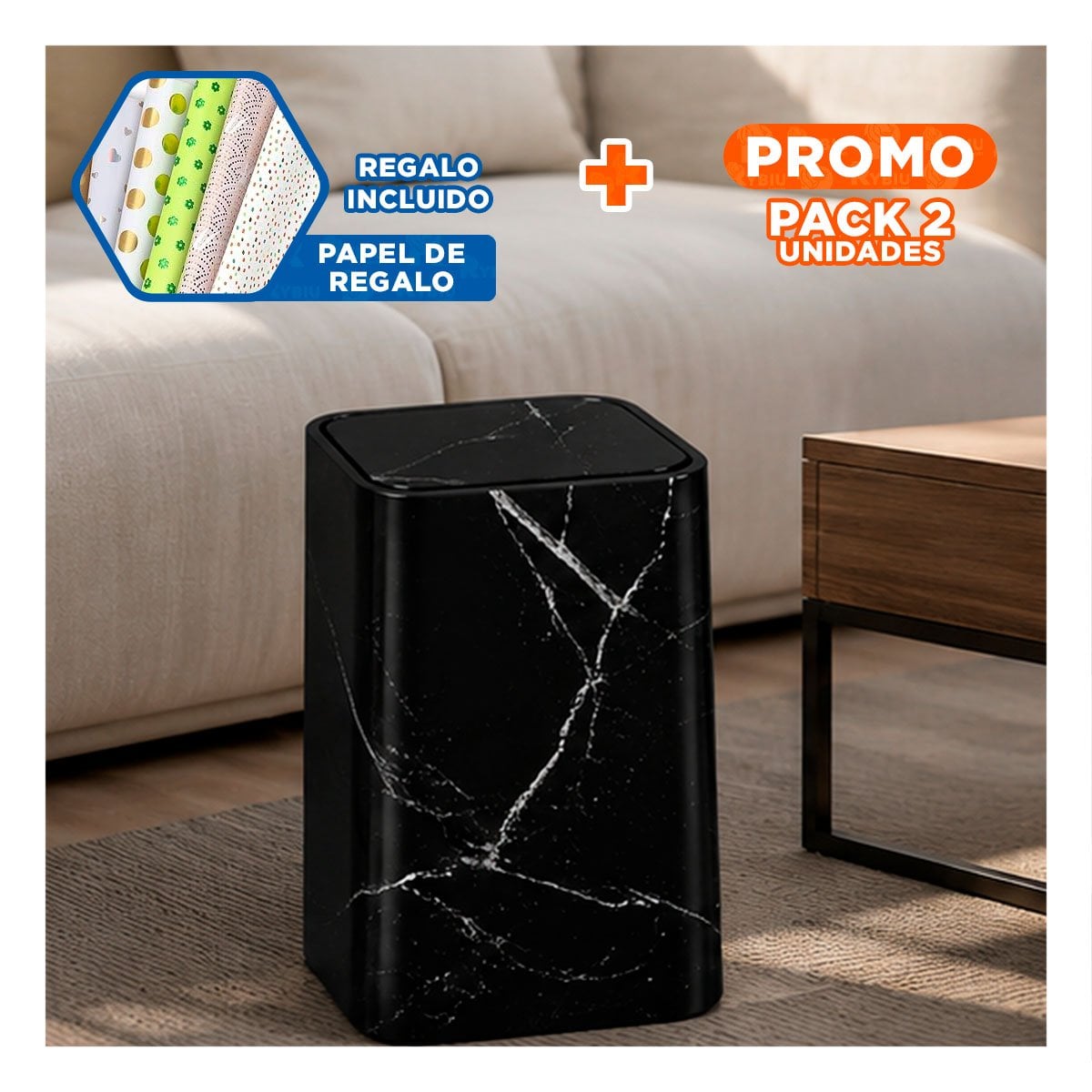 PACK2 CONTENEDOR PARA RESIDUOS EN HOGAR Y COCINA COLOR NEGRO YPAPEL REGALO - 1