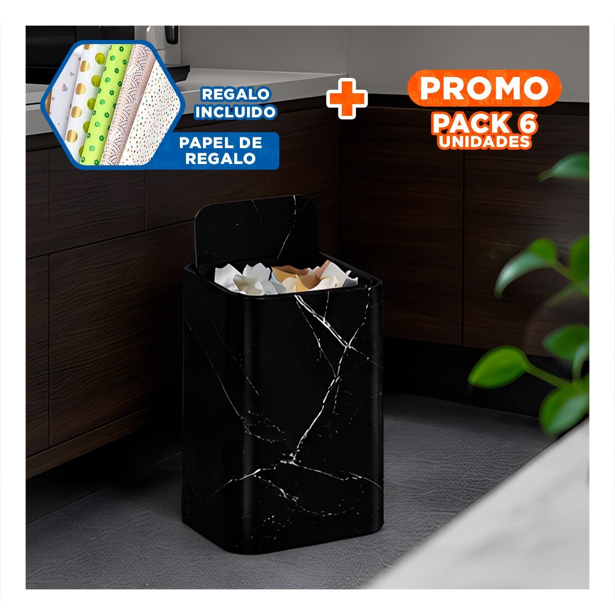 PACK6 BASURERO DE USO DOMESTICO PARA COCINA Y ORGANIZACION COLOR NEGRO YPAPEL REGALO - 1