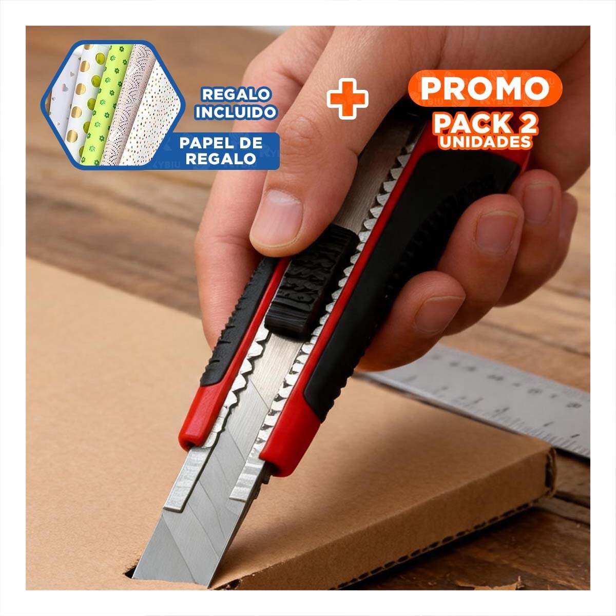 PACK2 TRINCHETA PROFESIONAL 18 MM RETRACTIL CON ESTUCHE DE CUCHILLA ROJO YPAPEL REGALO - 1