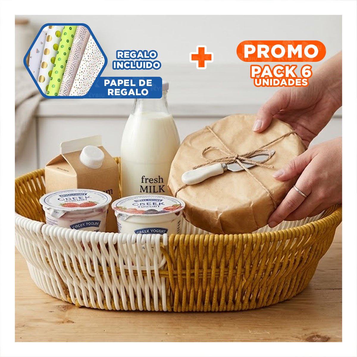 PACK6 CESTA OVALADA MOSTAZA Y BLANCO PARA ESPACIOS DEL HOGAR 27X21X7CM YPAPEL REGALO - 1