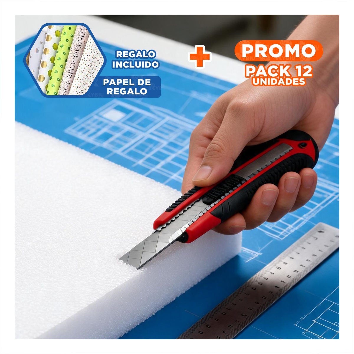 PACK12 CORTADOR PROFESIONAL RETRACTIL 18 MM ROJO CON ESTUCHE PARA TRABAJOS YPAPEL REGALO - 1