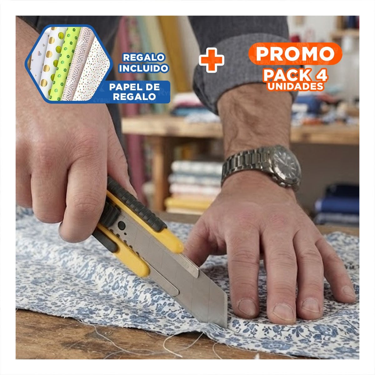 PACK4 CORTADOR RETRACTIL AMARILLO CON CUCHILLA DE 18 MM PARA CORTE DETALLADO YPAPEL REGALO - 1