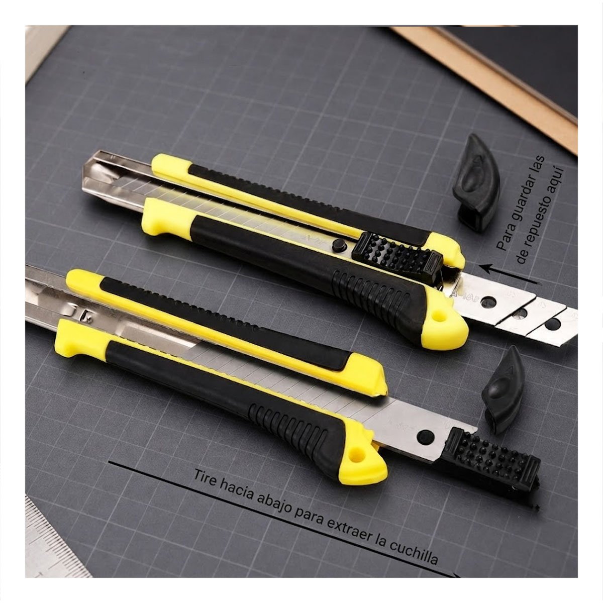NAVAJA DE CORTE 18 MM CON ESTUCHE AMARILLO RETRACTIL PARA TRABAJOS MANUALES Y LIGAS REGALO - 2