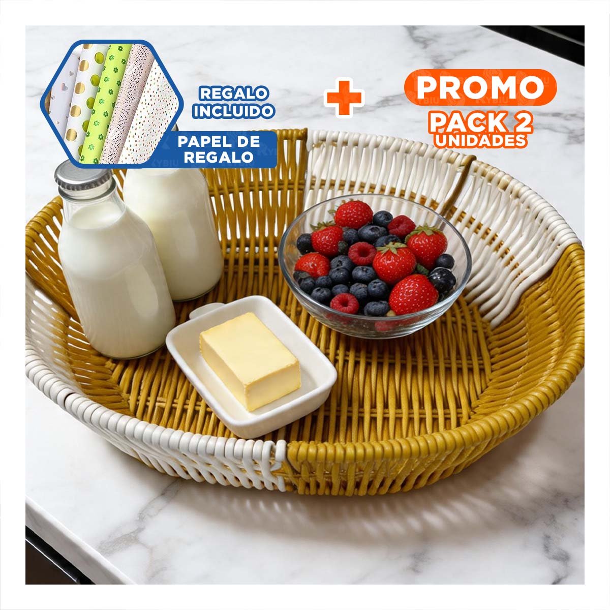 PACK2 CANASTILLA CON TEJIDOS ABIERTOS MOSTAZA Y BLANCO PARA SALA 27X21X7CM YPAPEL REGALO - 1