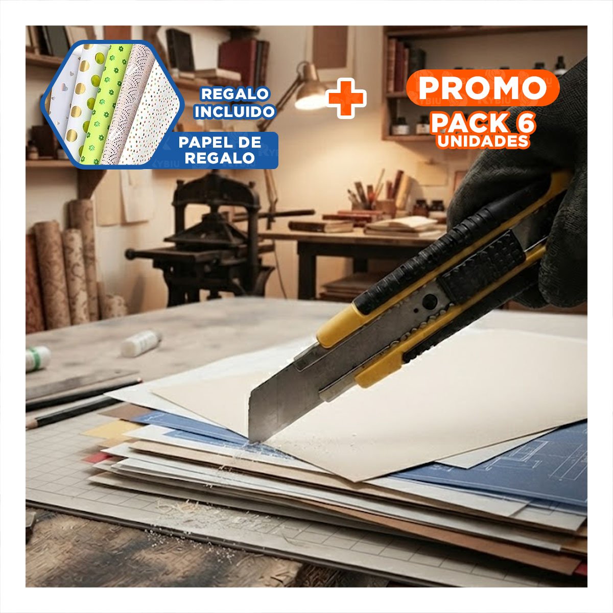 PACK6 CORTADOR COMPACTO RETRACTIL 18 MM CON ESTUCHE AMARILLO PARA MANUALIDADES YPAPEL REGALO - 1