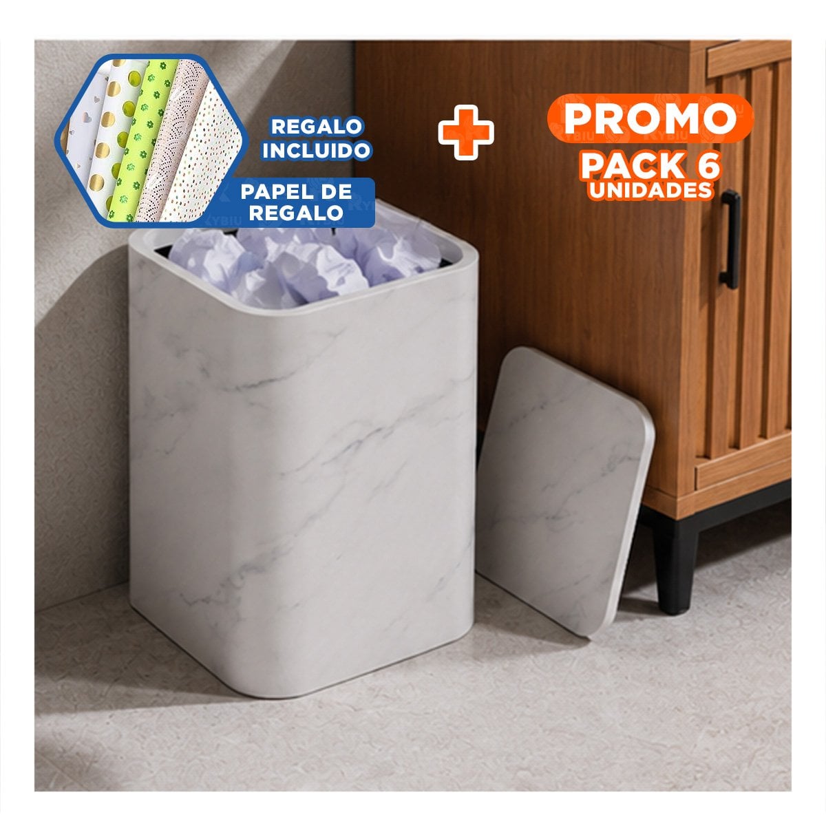 PACK6 BASURERO DE USO DOMESTICO PARA COCINA Y ORGANIZACION COLOR BLANCO YPAPEL REGALO - 1