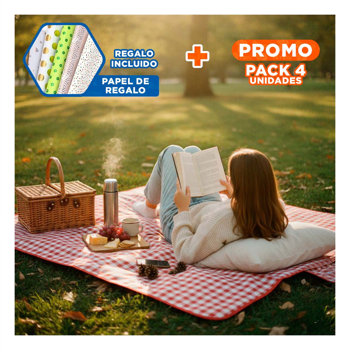 PACK4 MANTA TIPO CARTERA 160X200CM UNA TELA PARA PICNIC EN PARQUE COLOR ROJO YPAPEL REGALO - 1