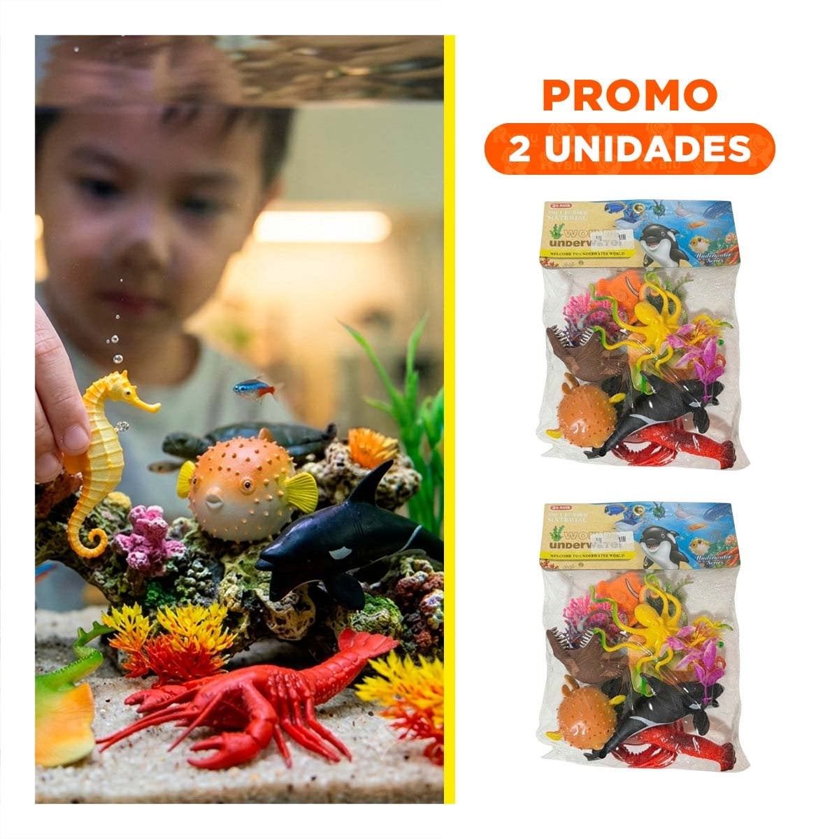 PACK2 PAQUETE INFANTIL DE ANIMALES MARINOS 14 PZS MULTICOLOR PARA JUEGOS YREGALO STICKER - 1