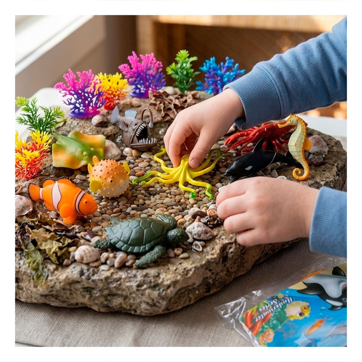 PACK2 PAQUETE INFANTIL DE ANIMALES MARINOS 14 PZS MULTICOLOR PARA JUEGOS YREGALO STICKER - 3