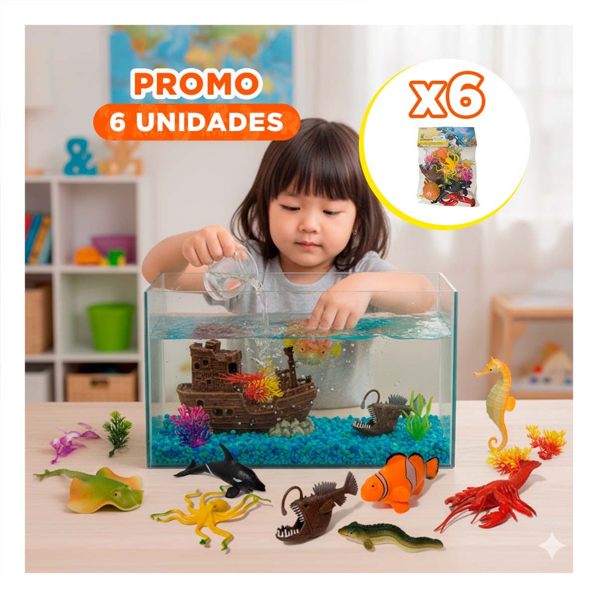 PACK6 PAQUETE CON ANIMALES MARINOS 14 PZS MULTICOLOR PARA APRENDIZAJE Y DIVERSION - 1