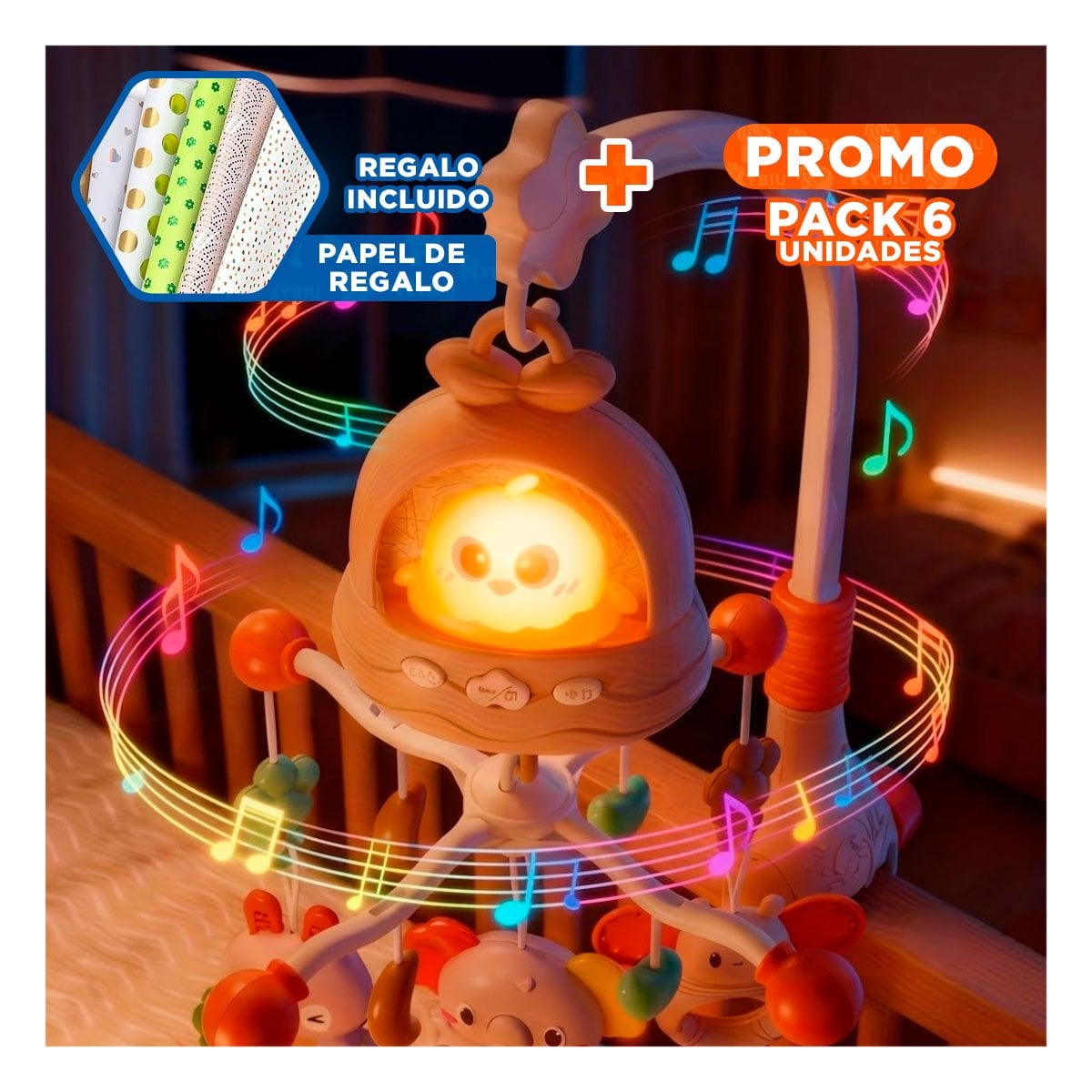 PACK6 JUGUETE INFANTIL PARA CUNA POLLO MARRON CON SONIDO RELAJANTE YPAPEL REGALO - 1