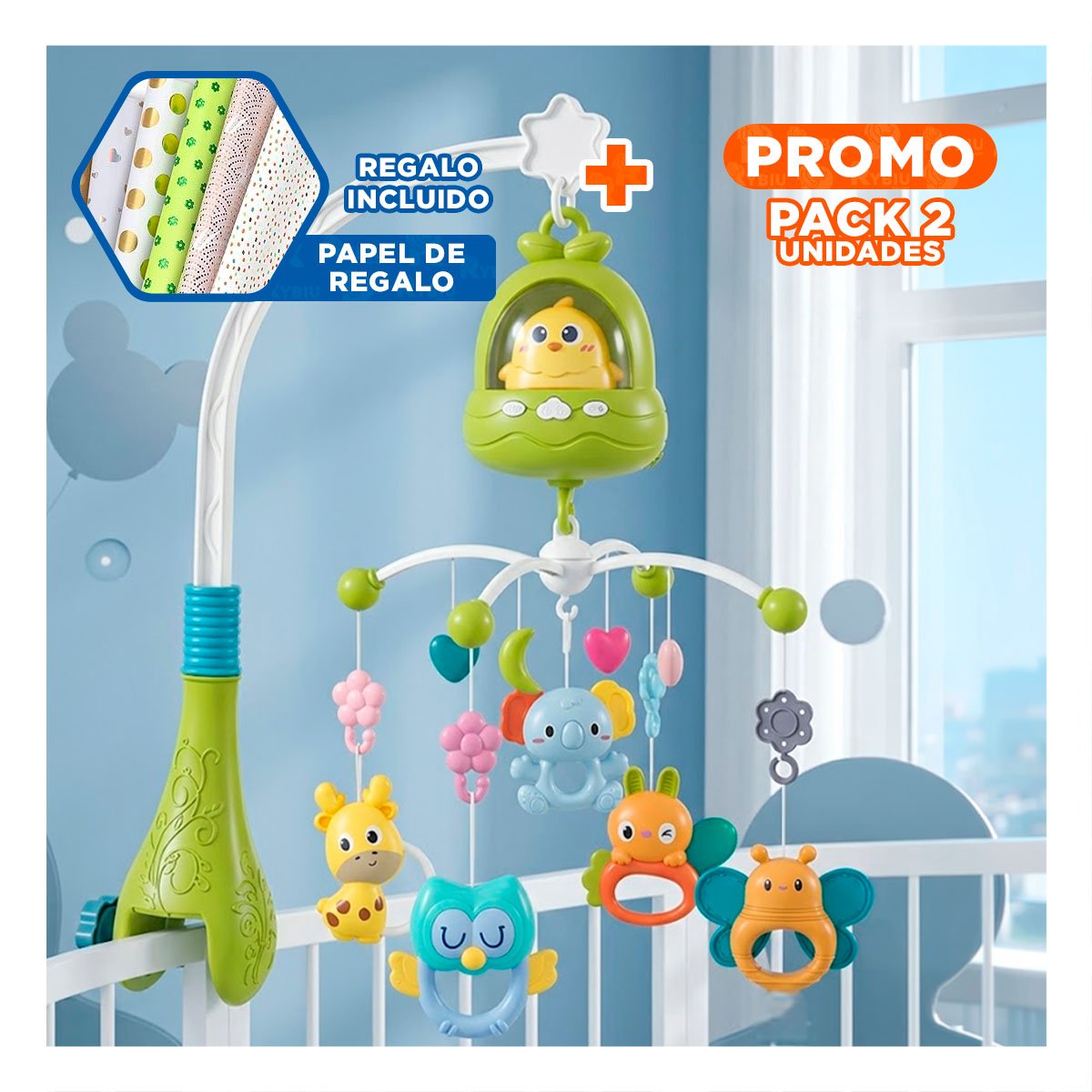 PACK2 JUGUETE MUSICAL PARA CUNA POLLO VERDE CON MELODIA INFANTIL YPAPEL REGALO - 1