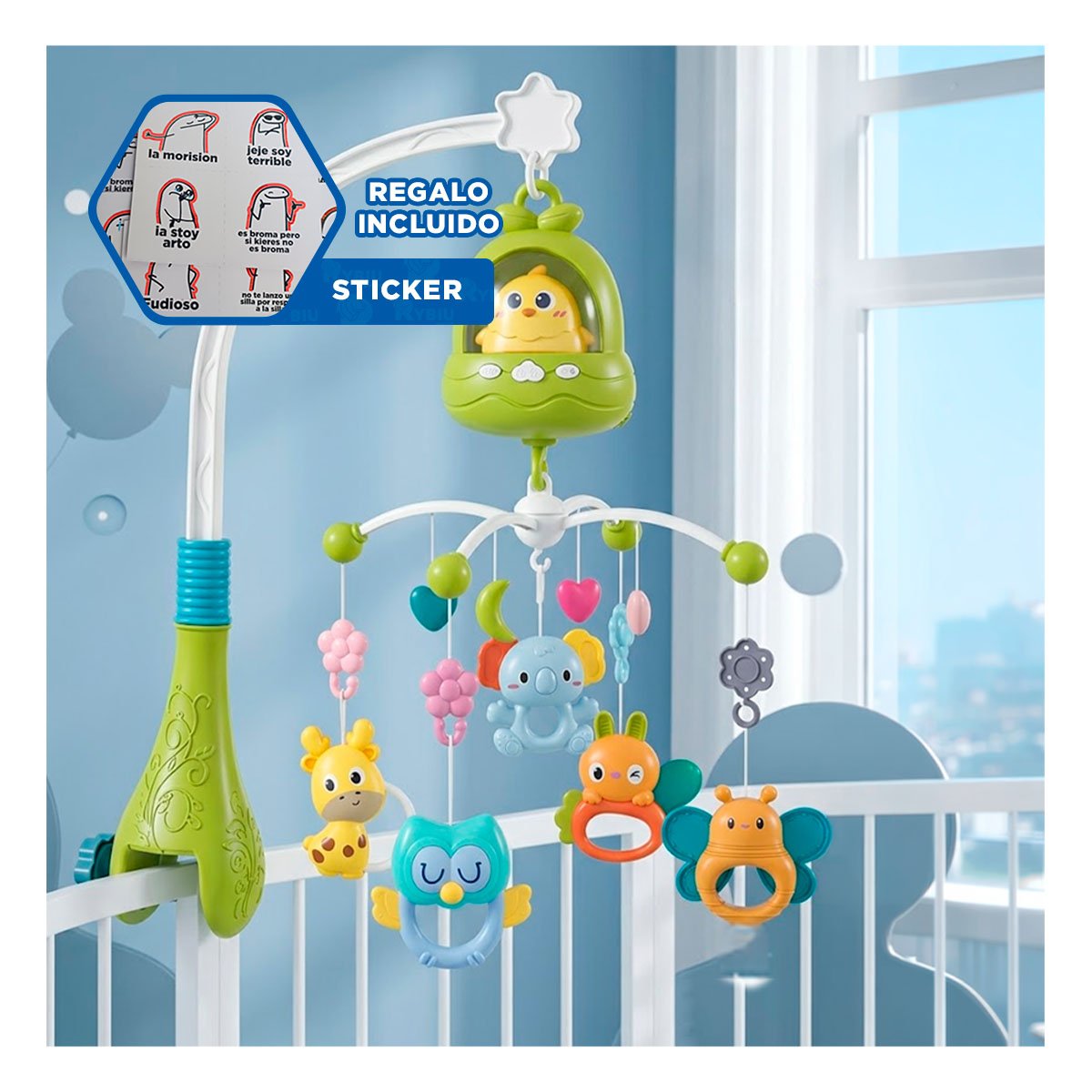 JUGUETE PARA BEBE POLLO VERDE CON MELODIA MUSICAL PARA CUNA Y REGALO STICKER - 1