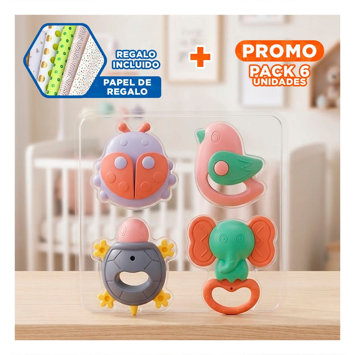 PACK6 SONAJAS DE ENTRETENIMIENTO PARA BEBE 4 PIEZAS MULTICOLOR CON SONIDO YPAPEL REGALO - 1