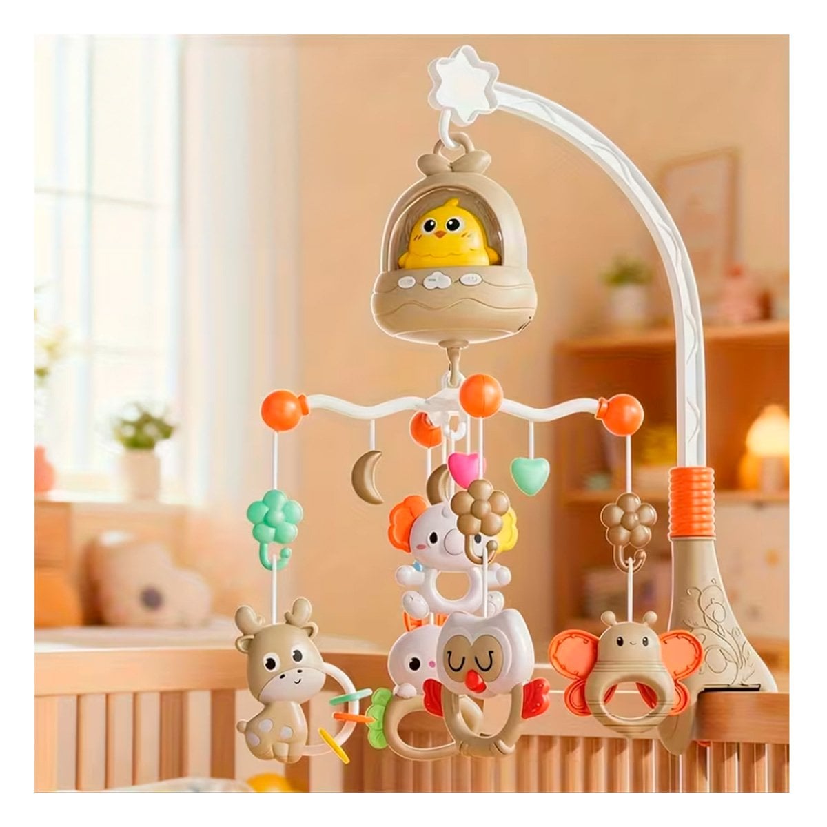 MOVIL PARA CUNA POLLO MARRON CON SONIDO MUSICAL PARA BEBE - 1