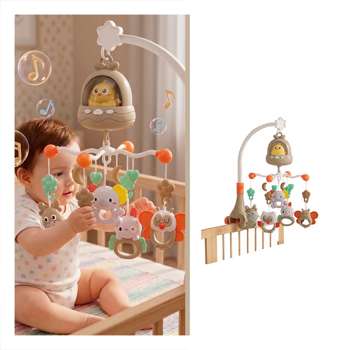 MOVIL PARA CUNA POLLO MARRON CON SONIDO MUSICAL PARA BEBE - 3