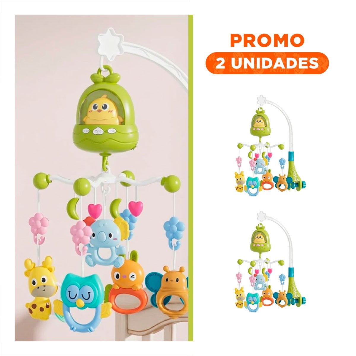 PACK2 COLGANTE PARA BEBE POLLO VERDE CON SONIDO MUSICAL PARA CUNA - 1