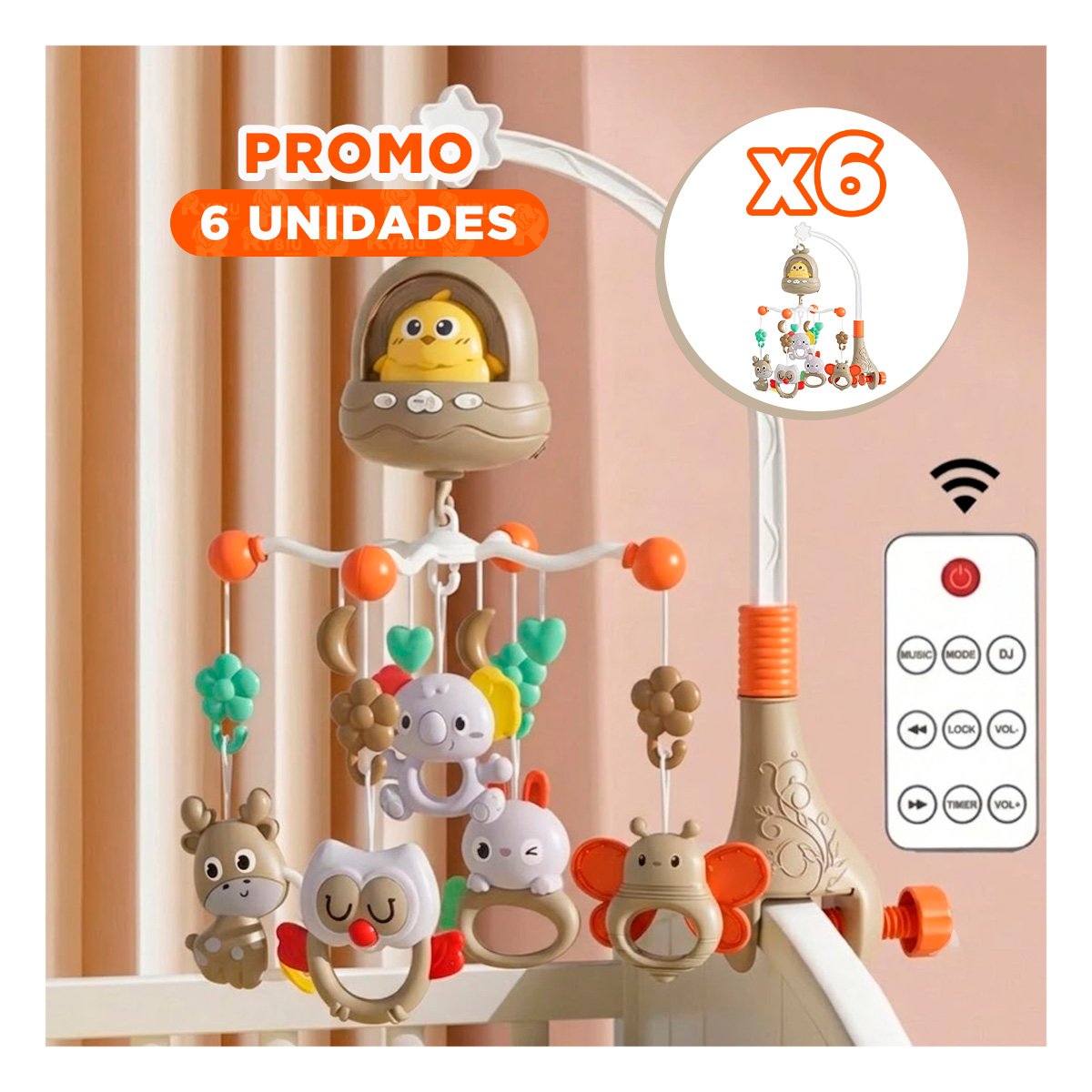 PACK6 MOVIL SONORO POLLO MARRON PARA CUNA Y DORMITORIO DEL BEBE YREGALO STICKER - 1