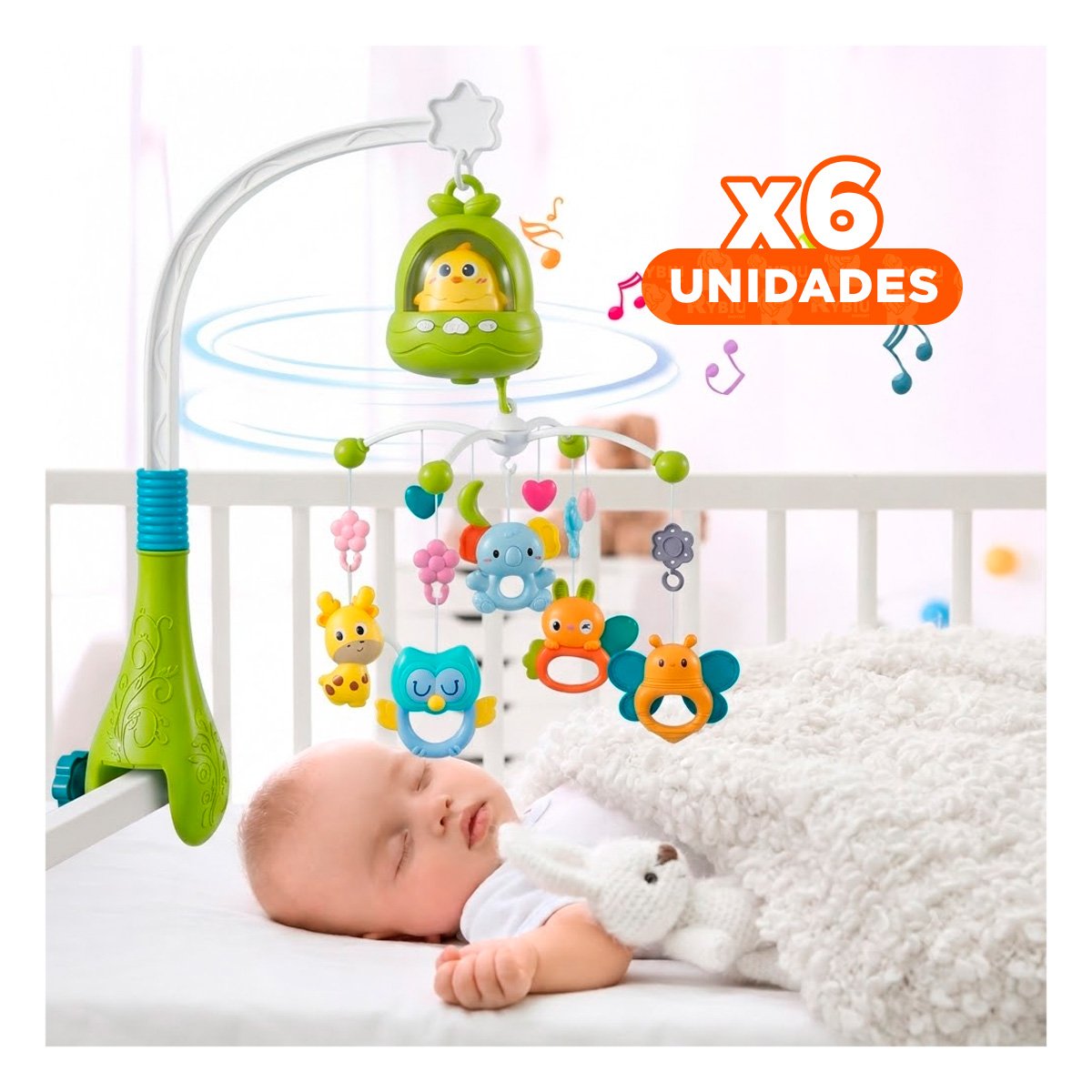 PACK6 MOVIL SONORO POLLO VERDE PARA CUNA Y DORMITORIO DEL BEBE YREGALO STICKER - 1