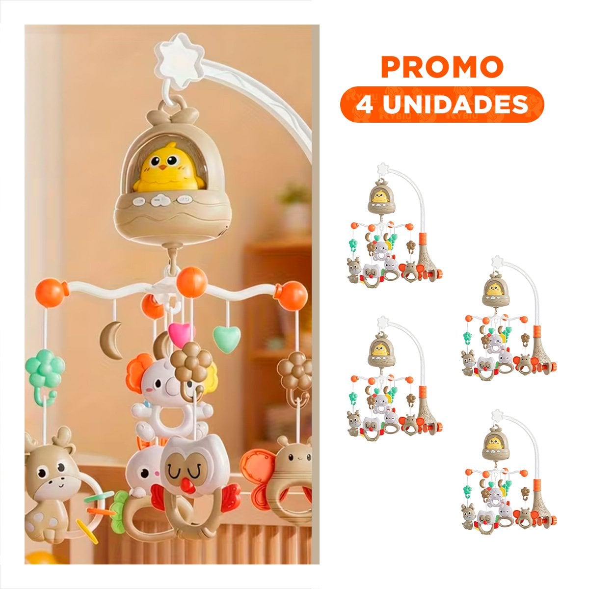 PACK4 MOVIL MUSICAL PARA BEBE POLLO MARRON CON DISENO INFANTIL YREGALO STICKER - 1