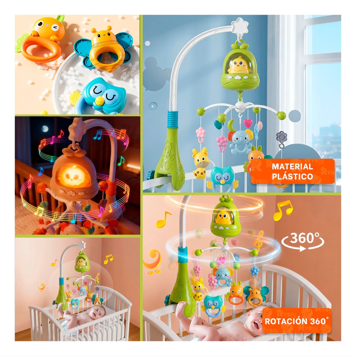 MOVIL INFANTIL POLLO VERDE CON MELODIA PARA CUNA Y DORMITORIO Y STICKY - 1