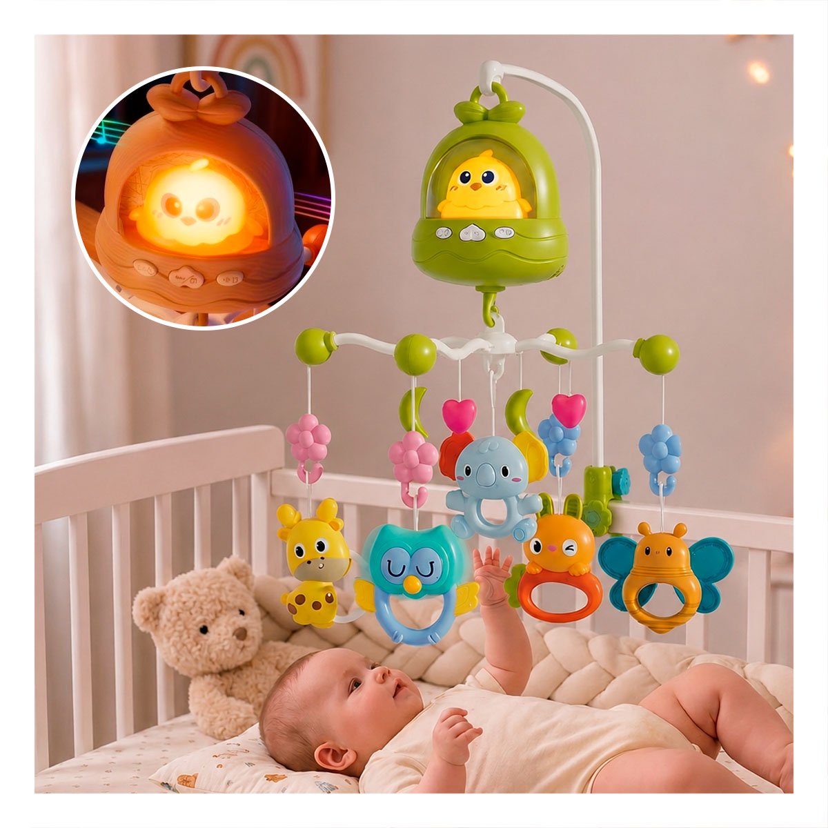MOVIL INFANTIL POLLO VERDE CON MELODIA PARA CUNA Y DORMITORIO Y STICKY - 2