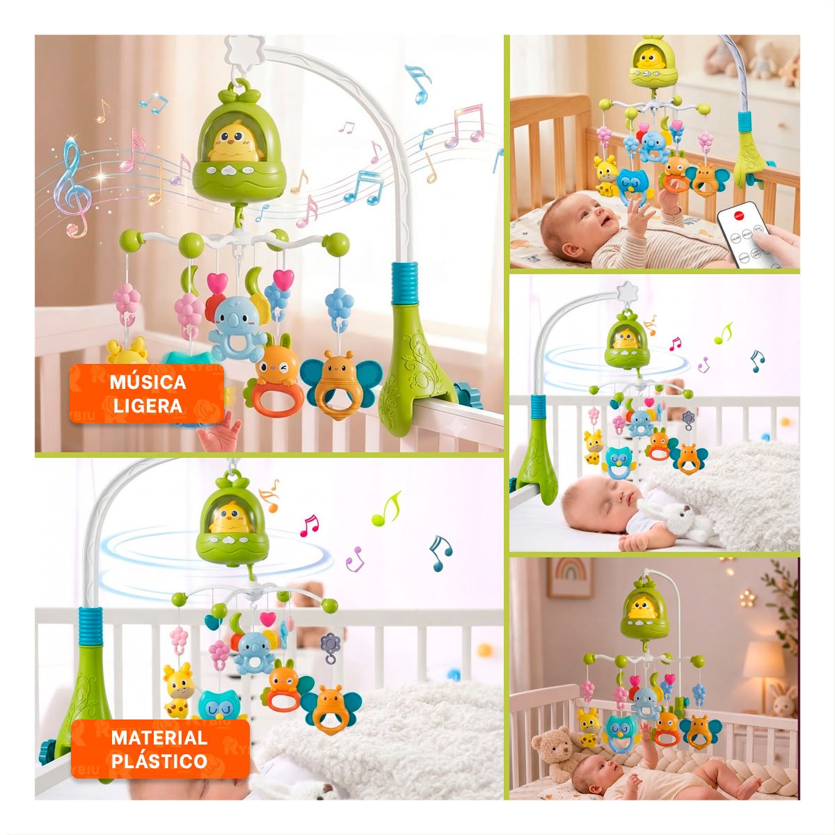 MOVIL INFANTIL POLLO VERDE CON MELODIA PARA CUNA Y DORMITORIO Y STICKY - 5