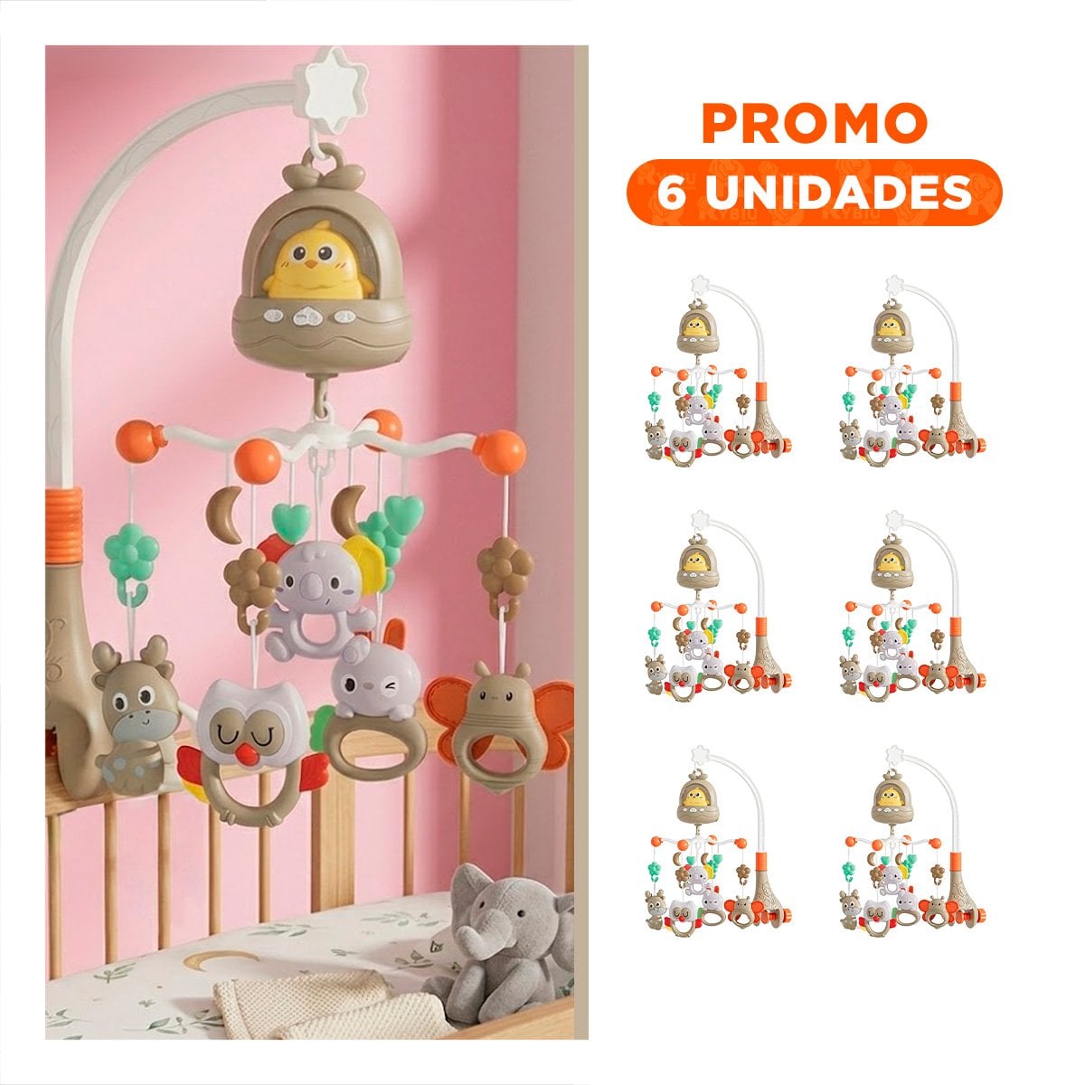 PACK6 COLGANTE DECORATIVO POLLO MARRON CON MUSICA PARA CUNA DEL BEBE - 1